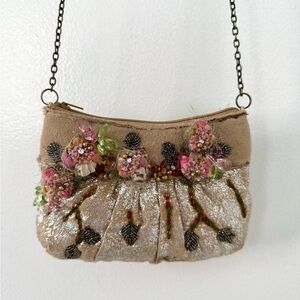 Mary Frances Vintage Floral Beaded Leather Silver Tan Mini Purse New Condition